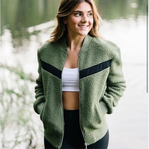 Zyia Active Flying V Fleece Sherpa Bomber Jacket Olive Green - Picture 1 of 12